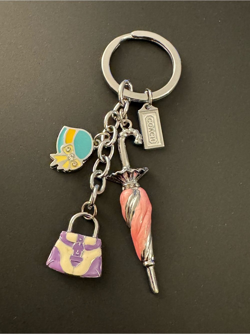 Coach Silver-Tone Keyring with Pink Umbrella & Multicolor Charms LF9